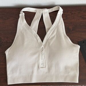 Velocity Ribbed Halter Top Cream Snap Button Stretch Built in Bra Size L NWT
